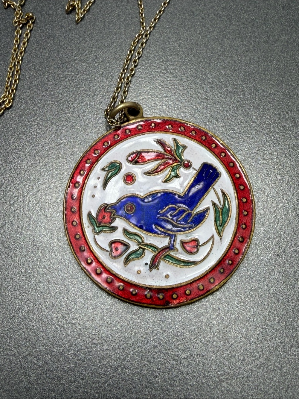 Vintage Champleve Enamel Blue Bird Pendant